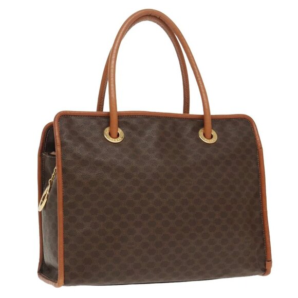 CELINE Macadam Canvas Tote Bag PVC Leather Brown Gold Auth 96231 - Picture 1 of 16